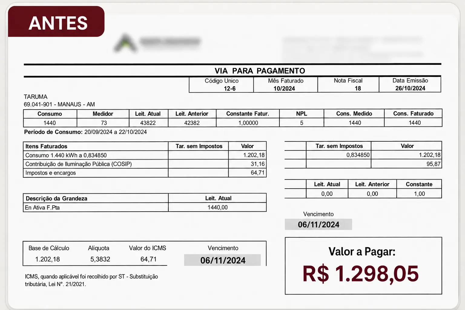 Fatura antes da energia solar, no valor de R$ 1.298,05