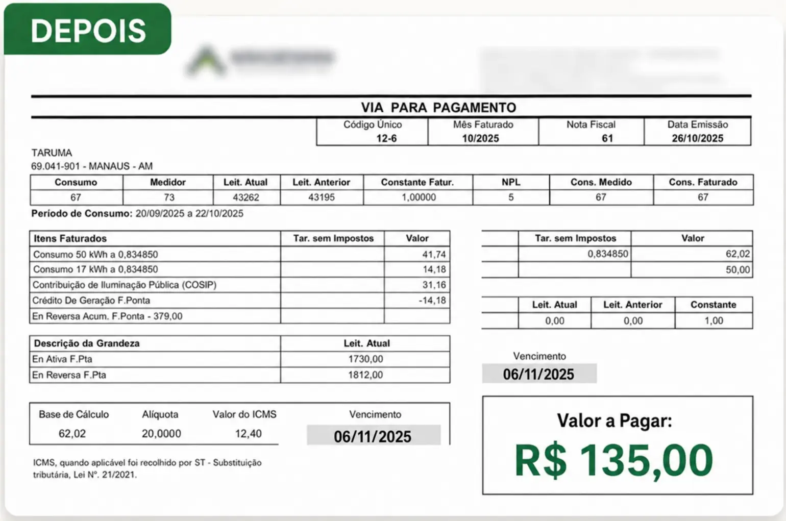 Fatura depois da energia solar, no valor de R$ 135,00